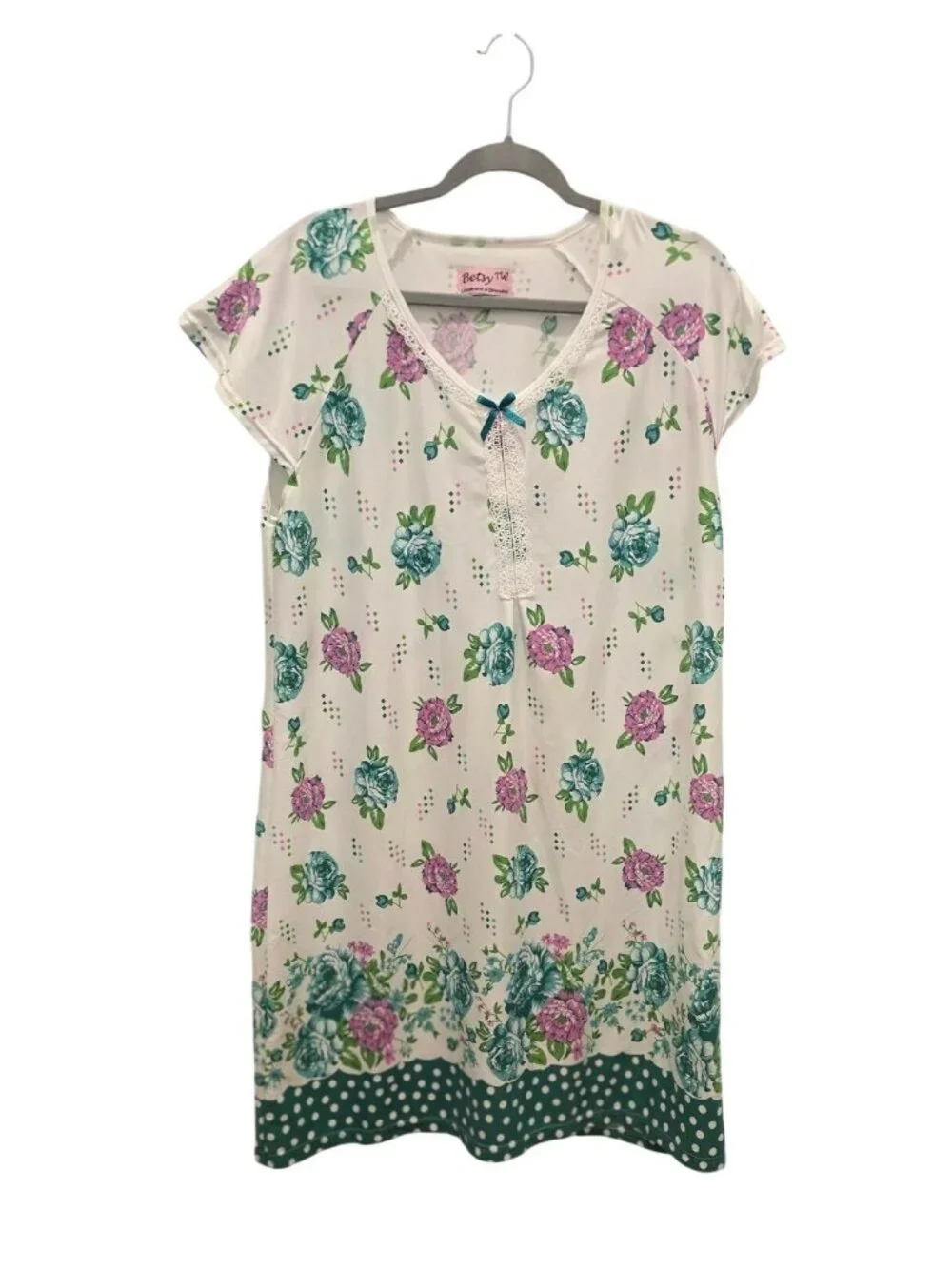 Betsy TW Floral Nightgown White Pink & Blue Flowers Lace Trim Short Sleeves - Picture 1 of 6